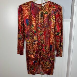 The Silk Farm Vintage Dress Red Gold Metallic Floral SHEER gathered Dress size 6